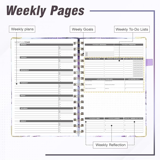 Ospelelf Undated Mini Planner Daily Spiral Binding Weekly Monthly Hardcover Calendar Planners with Stickers 12 Months Productivity Aesthetic Journey Booklet Size Purple Marble
