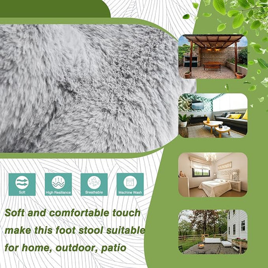 15" Foldable Foot Stool Ottoman with Metal Frame - Washable Faux Fur Grey Upholstered Indoor/Outdoor Footrest for Living Room, Bedroom, Patio - Space-Saving Compact Design