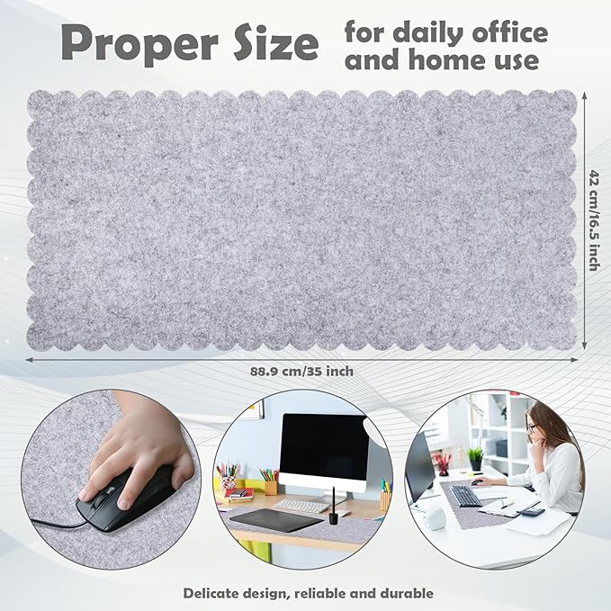 Large Felt Desk Mat with Scalloped Edges for Keyboard and Mouse 35 x 16.5 Inch Non Slip Scalloped Computer Desk Pad(Gray)