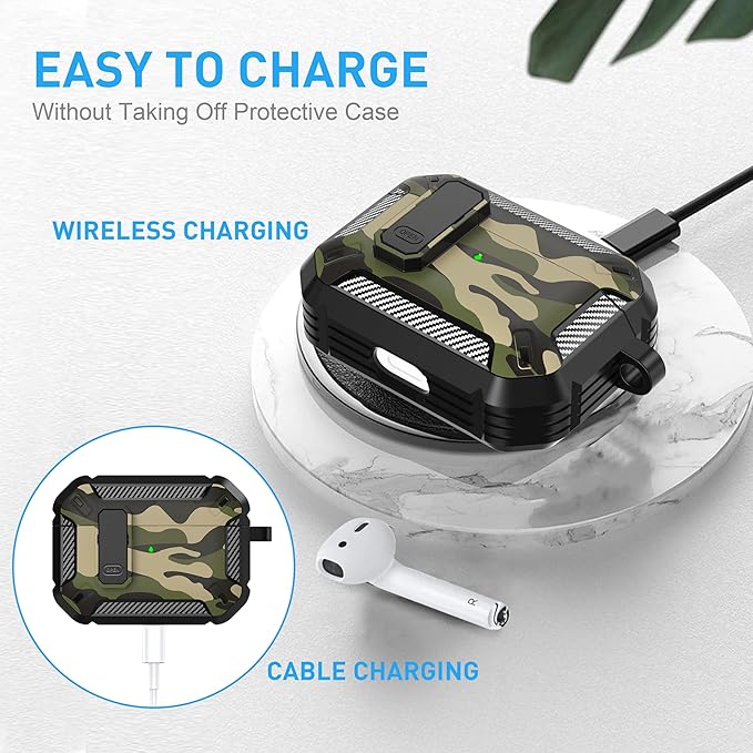 Maxjoy for AirPods Pro Case Cover with Lock, AirPods Pro 1st Generation Case for Men Military Rugged Protective Cover with Keychain Compatible with Apple AirPod Pros 2019 Front LED Visible,Jungle Camo