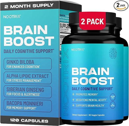 Brain Boost Nootropic Supplement | Supports Memory, Mental Focus, Cognitive Health & Energy | Promotes Healthy Mood & Brain Function | Ginkgo Biloba & DMAE | 120 Capsules