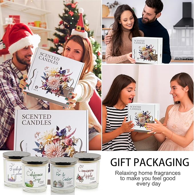 4 Pack Large Jar Candles with Double Wicks, Scented Candles for Home, 11.3oz Each, 240 Hour Burn Time, Aromatherapy Gift Set for Women, Cinnamon Apple, Lavender, Fir & Cedar, California Sage