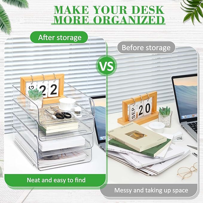 Juexica 4 Pcs Stackable Clear Letter Trays Organizer for Desk A4 Size File Paper Organizer Acrylic Desk Organizer Trays with Anti Skid Bottom for Home Office School (Vertical Opening Style)