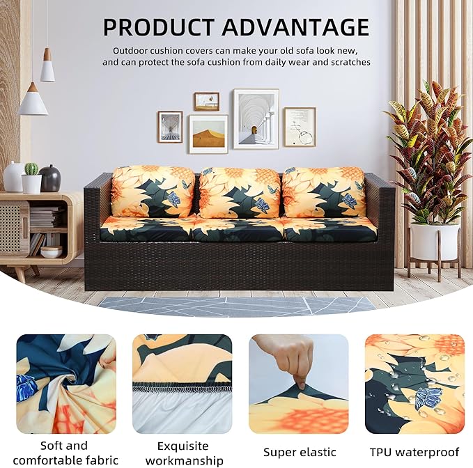 8Pcs Stretch Patio Cushion Covers Waterproof Outdoor Cushion Covers Patio Couch Cover Slipcovers, for Outdoor Furniture Protector Covers Replacement(Cover Only) (Sunflower)