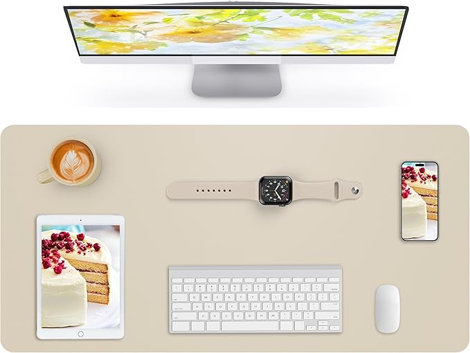 AFIING Leather Desk Pad Protector,Mouse Pad,Office Desk Mat, Non-Slip PU Leather Desk Blotter,Large Desk mat,Waterproof Keyboard mat for Office/Home/Decor (Beige,35"" x 17"")