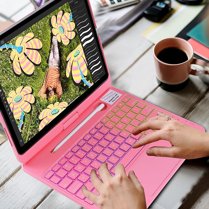 Keyboard Case for iPad Air 13 inch M3 2025&M2 2024, Mulit Touchpad Backlight 360 Rotatable Cover Wireless Pencil Holder Pink