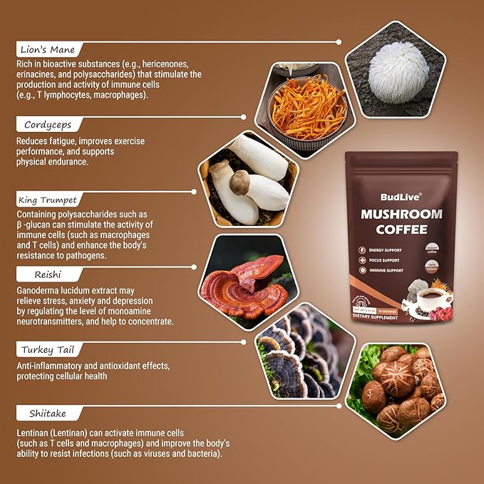 Mushroom Coffee - Instant Coffee Powder with Organic Lion’s Mane, Reishi, Cordyceps, Turkey Tail, King Trumpet & Shiitake, Adaptogenic 6 Mushrooms for Energy, Digestion & Immune Support, 30 Servings
