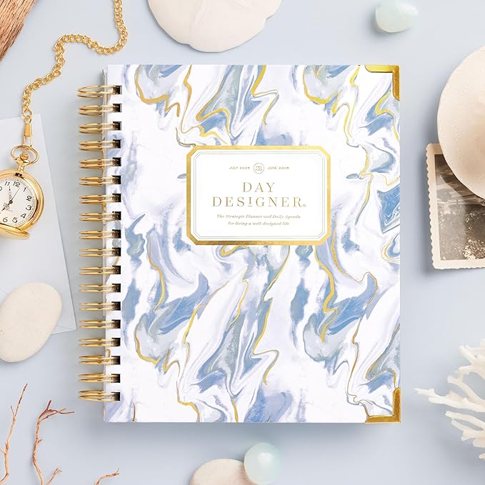 Day Designer 2025-2026 Daily Planner – Premium Planner for Stylish Organization. Combines Monthly Calendar, Hourly Schedule, To-Do List, Gratitude, Goal Setting, Inspirational Quotes, Stickers & More. Elegant laminated Cover with Gold Accents (Azure)