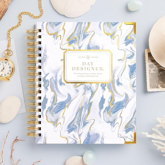 Day Designer 2025-2026 Daily Planner – Premium Planner for Stylish Organization. Combines Monthly Calendar, Hourly Schedule, To-Do List, Gratitude, Goal Setting, Inspirational Quotes, Stickers & More. Elegant laminated Cover with Gold Accents (Azure)