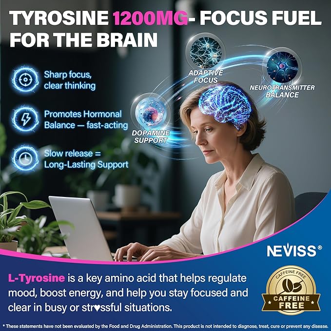 L Tyrosine Gummies Supplement 1200mg, GABA L-Theanine Supplement 200mg with Magnesium Glycinate Vitamin B6, D3 & C - Calm & Focus Gummies - Brain Supplements for Memory, Mood & Relax for Adults, Vegan