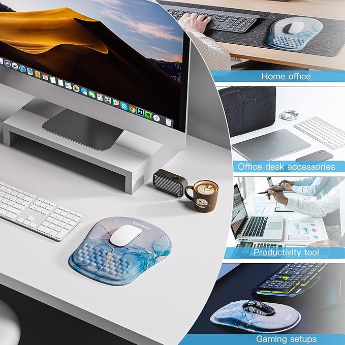 Mouse Pad with Wrist Rest, Ergonomic Mousepads with Wrist Support, Soft Lycra Fabric Memory Foam Office Desk Accessories for Comfort/Pain Relief/PC Gaming/Computer/Laptop (Pink Cyan Marble)