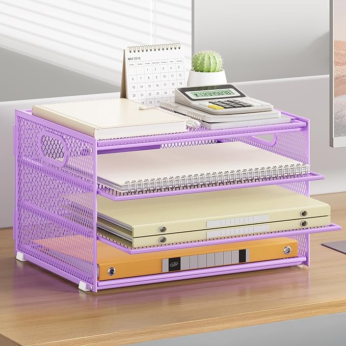 Subekyu Paper Letter Tray Organizer for Desk, Purple Metal Mesh Desk File Sorter Organizer with Handle and 2 Sliding Trays for Home Office School Supplies Organization