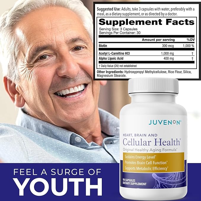 Juvenon Cellular Health | Heart, Brain Supplement with Acetyl L-Carnitine and Biotin - Supports NAD+ Function, Energy Production, Mood, Revitalized Metabolism, Mental Focus & Clarity (90 Capsules)