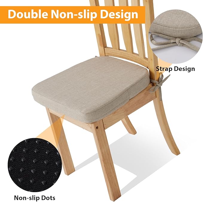 Chair Cushions for Dining Chairs, 2" Thick Seat Cushions for Kitchen Chairs, D-Shaped Chair Pads with Washable Cover, Ties and Non Slip Backing, 17'' x 16'', Set of 2, Beige