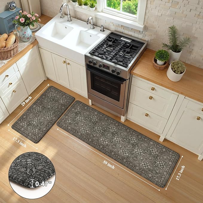 KIMODE Anti Fatigue Kitchen Mat 2PCS,Waterproof Farmhouse Green Kitchen Rugs Non-Slip,Vintage Kitchen Mat for Floor,Cushioned Comfort Foam Standing Mat for Laundry,Office,Sink,Desk