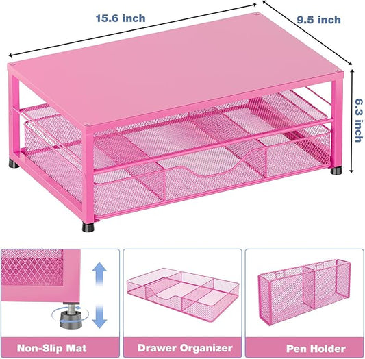 Desk Organizer and Accessories, 2-Tier Computer Monitor Stand with Drawer and 2 Pen Holders, Laptop Stand, Office Desk Accessories for Office Supplies, Carmine Rose