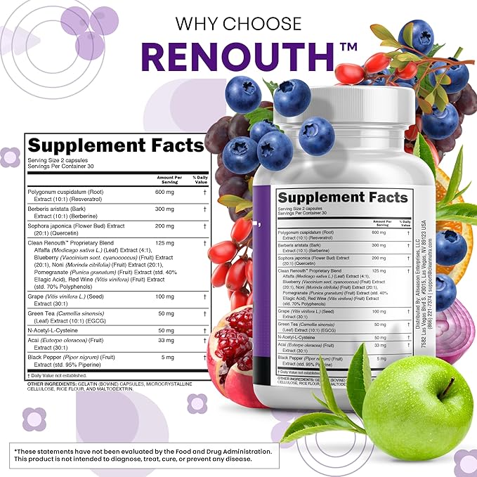 Clean Resveratrol Supplement | Berberine Grape Seed Extract Quercetin Green Tea Extract Acai Noni Polyphenol Supplement for Women & Men Anti Aging N-Acetyl Cysteine NAD Booster