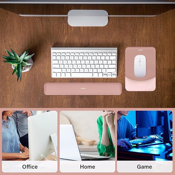 MOSISO Wrist Rest Support for Mouse Pad&Keyboard Set, Rectangular Ergonomic Mousepad Non-Slip Base Home/Office Pain Relief&Easy Typing Pad with Neoprene Cloth&Raised Curved Memory Foam, Salmon Pink