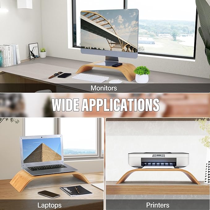 21in Large Single Monitor Stand，Desk Shelf Monitor Stand Ergonomic Height，Premium Natural Bamboo Wood Computer Stand Monitor Riser for Your Desktop，PC, Printer, Computer，Laptop，No Assembly Required