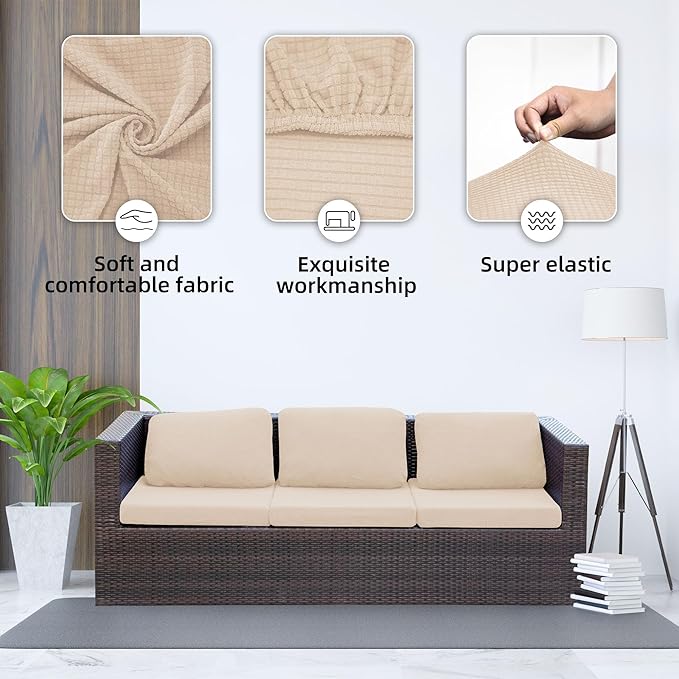 8Pcs Stretch Patio Cushion Cover Outdoor Cushion Cover Replacement Slipcovers Thick Jacquard Textured Twill Fabric Porch Patio Furniture Protector Polyester Fiber (Cream，Cover，Only)