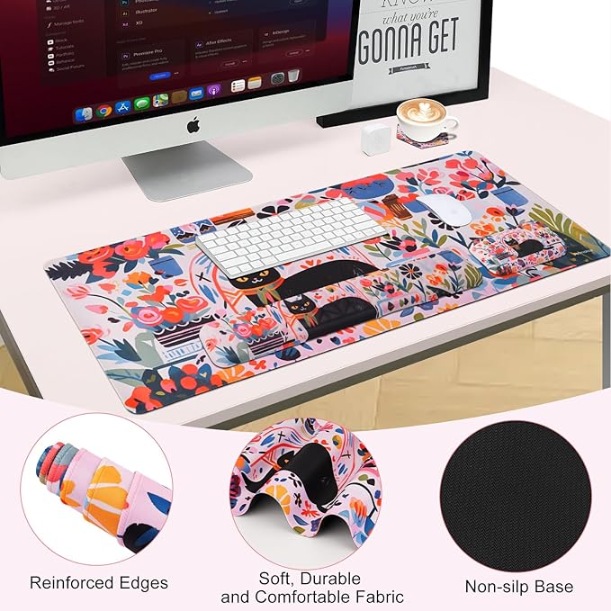 Petmolico Wrist Rest Set with Computer Keyboard Desk Pad,Mouse Wrist Rest,Keyboard Typing Wrist Pad and Cup Coasters,Ergonomic Design for Typing Pain Relief(Black,Cat with Flowers)