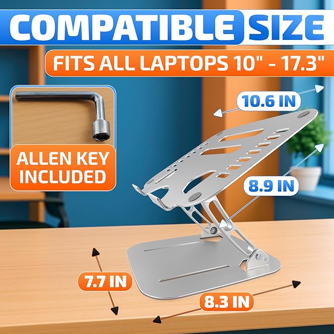 Adjustable Laptop Stand For Desk - Portable Laptop Riser for Desk with Ventilation Slots for Enhanced Airflow, Non-Skid Silicone Pads, Adjustable Height & Angle - Computer Stand for 10-17.3" Laptops