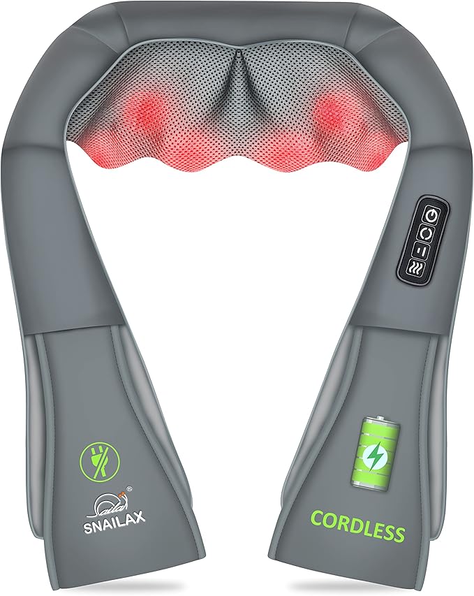 Snailax Cordless Neck Massager, Shiatsu Back Shoulder Massager with Heat, Portable Rechargeable Massagers for Neck and Back Pain Relief, Electric Massager Pillow, Gift for Women,Men(Grey)