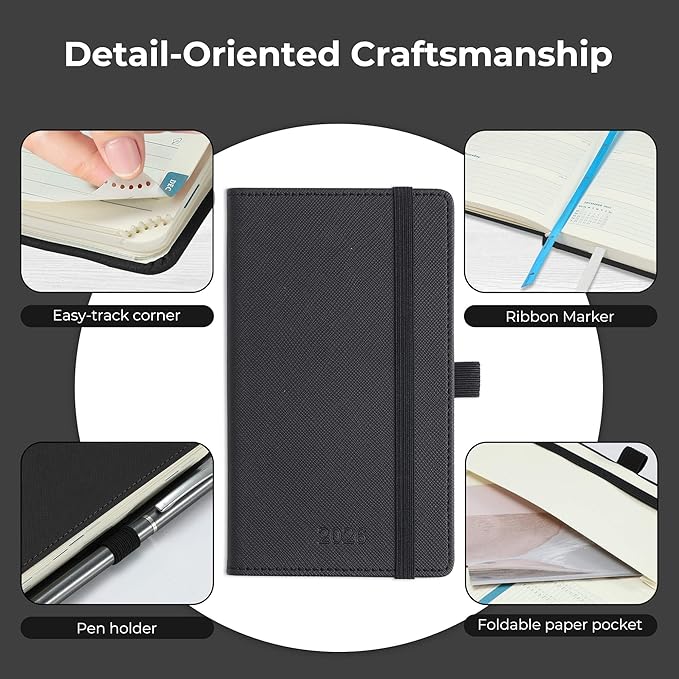 Weekly Monthly 2026 Planner (Jan.26-Dec.26),6.5"x3.75",12 Months Agenda Plan with Month Tabs & Pocket,Expenses/Note Pages, Appointment Book Calendar with Hardcover Vegan Leather Cover,Black