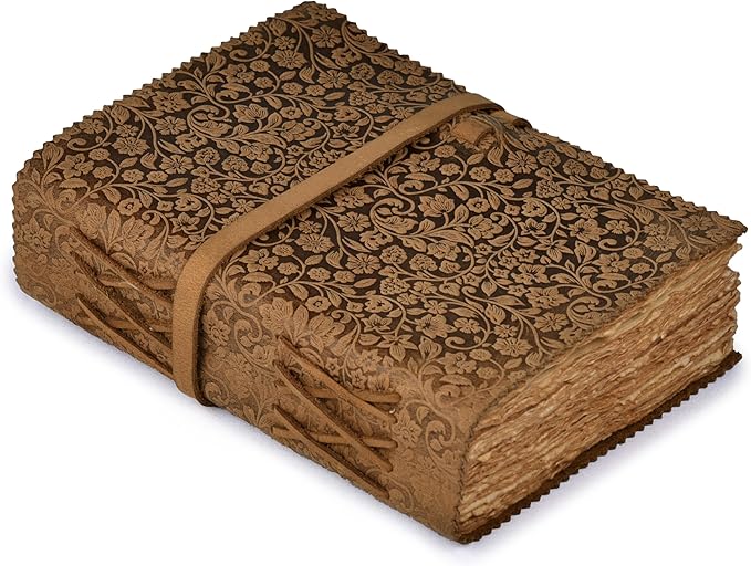 LEATHER VILLAGE Leather Bound Floral Embossed Journal for Women Men - 200 Pages, 10X7 Inches, Cappuccino Brown - Book of Shadows, Vintage Blank Paper Travel Diary, Notebook for Writing, Sketchbook
