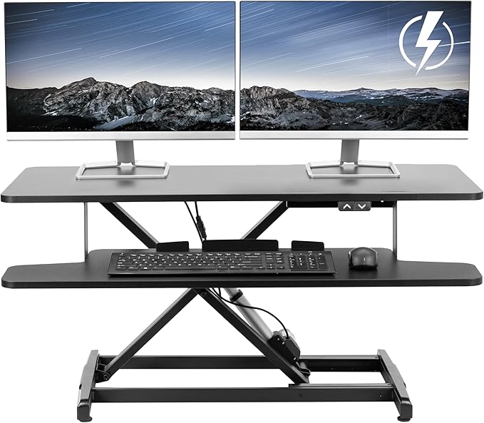 VIVO 36 inch Electric Motor Desk Converter, Height Adjustable Riser, Sit to Stand Dual Monitor and Laptop Workstation with Wide Keyboard Tray, Black, DESK-VE36B