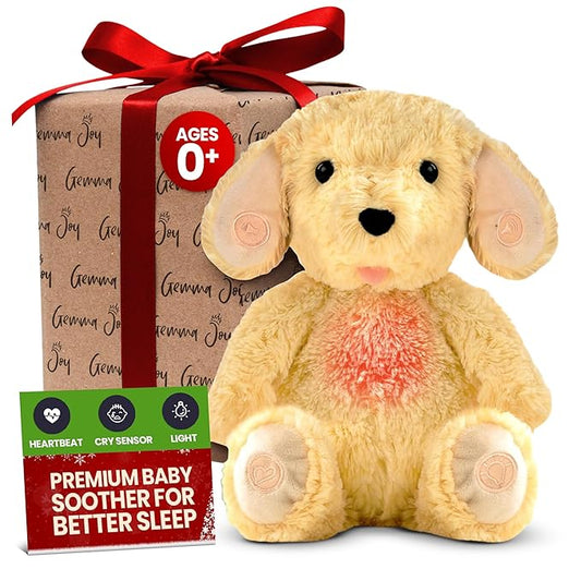 Gemma Joy Baby Sleep Soother Puppy for Baby – Cry Activated Heartbeat Stuffed Animal – Rechargeable Crib Soother with White Noise, Shush, Lullabies & Night Light – Newborn Essentials Must Haves