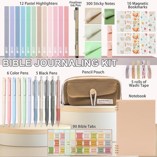 54Pcs Bible Journaling Kit with Pencil Case, Bible Highlighters and Pens with Tabs, Notebook, Bible Study Supplies Journel Essentials Accessories Tools for Women,Back to School Gifts (Brown)
