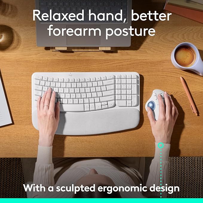 Logitech Ergo M575S Wireless Trackball Mouse, Wireless Ergonomic Mouse with Bluetooth and Encrypted Dongle, Comfortable Thumb Control, Precise and Smooth Tracking, for PC/Mac - Off-White Blue Ball