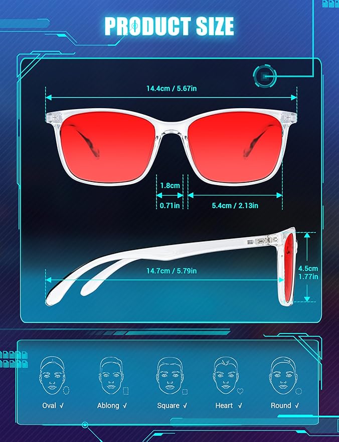 TIJN Sleep Glasses for 99.9% Blue Green Light Blocking for Women Men Dual AR Coating Red Lens for Computer Gaming, TR90