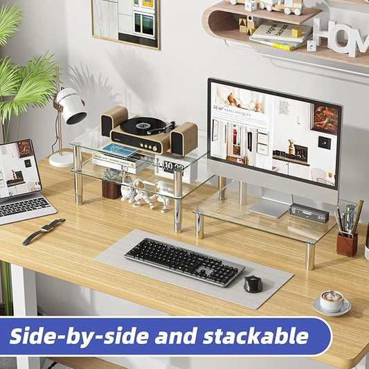 Simple Trending 2 Pack Computer Monitor Riser with Height Adjustable, Tempered Glass, Multi Media Desktop Stand for Flat Screen TV Laptop