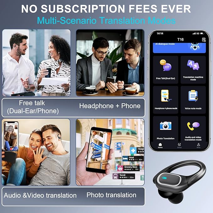 AI Translation Earbuds Real Time 164 Languages Translator Earbuds Noise Cancelling, Open Ear Wireless Earphones, Bluetooth 5.4 Headphones, Translating Device for Travel Business Study, Grey