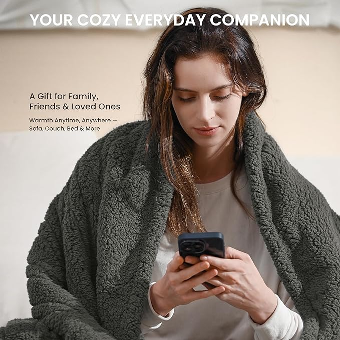 Electric Heated Blanket Twin 62x84 inches, Fast Heating w/ 10 Heat Settings & 2/4/8/10H Auto Timer, Double-Sided Sherpa, Ultra Soft & Cozy for Couch, Bed, Office, Machine Washable, Grey