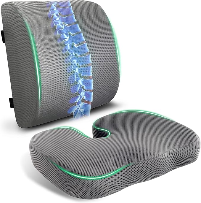 Seat Cushion & Adjustable Lumbar Support Pillow Set, Charcoal Memory Foam Back & Tailbone Pain Relief, Non-Slip & Washable Cover, for Office Chair, Car Seat, Wheelchair - Grey