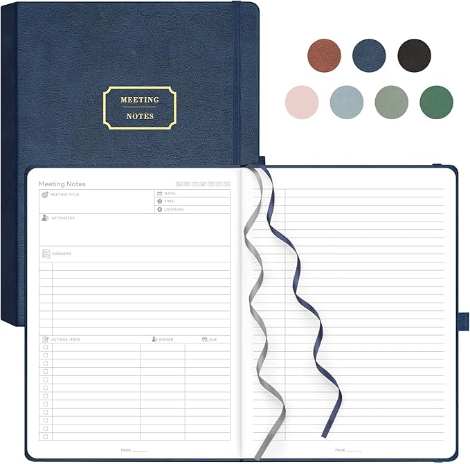 EMSHOI Meeting Notebook for Work with Action Items - 320 Pages B5 Thick Project Planner Agenda Organizer Work Notebook for Women Men Office Business Notes, PU Leather Hardcover, 7.5" x 10", Blue