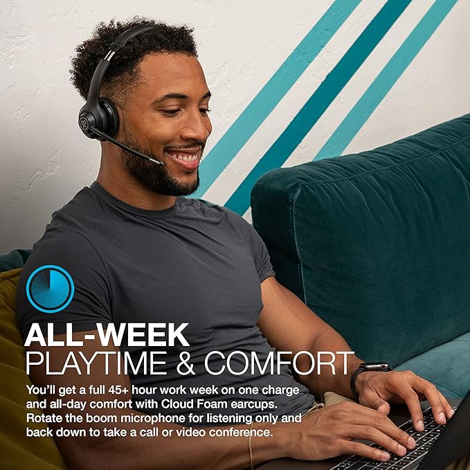 JLab Go Work Wireless Headsets with Microphone, 45+ Playtime PC Bluetooth Headset and Multipoint Connect to Laptop Computer and Mobile, Wired or Wireless Headphones (1 Pack)