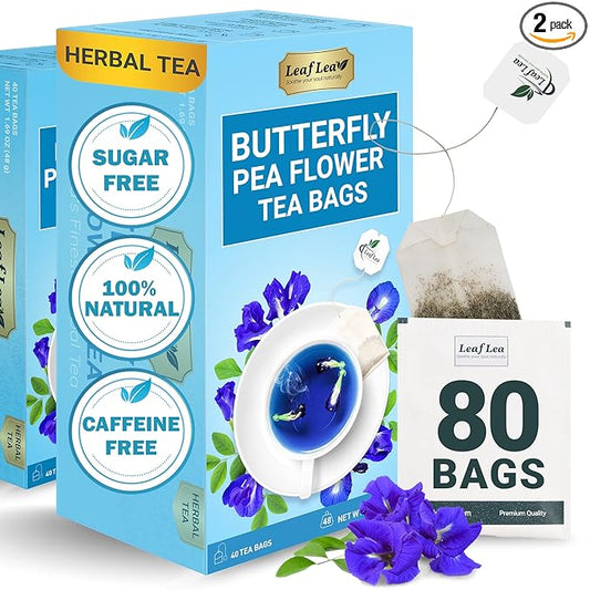 LeafLea 80 Butterfly Pea Flower Tea Bags, Natural Herbal Tea for Blue and Purple Drinks, Mocktails, and Food Coloring, Caffeine-Free, Sugar-Free, Non-GMO, Pack of 2
