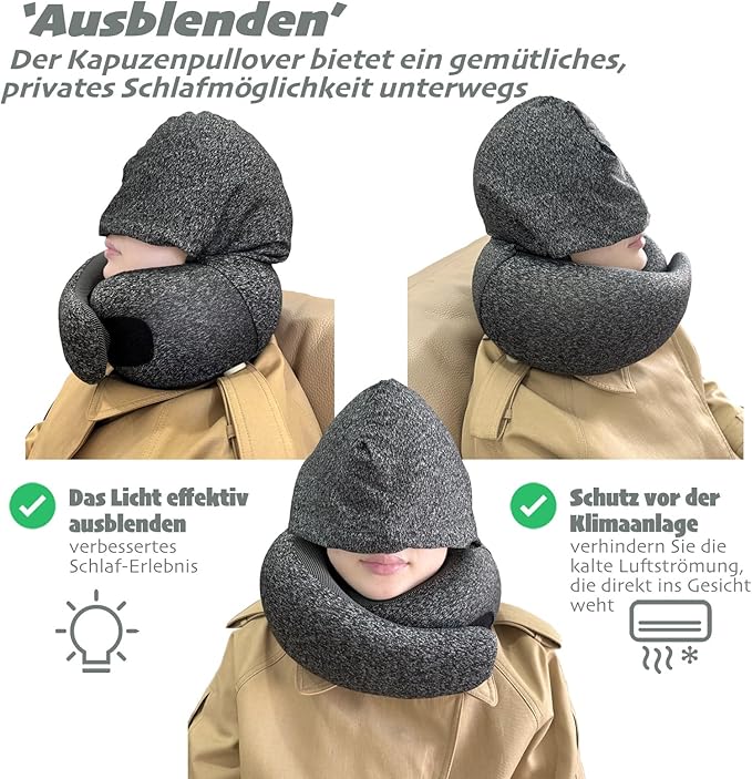 Ergonomic Travel Neck Pillow with Stowable Hood,Neck Pillow Airplane,Premium Memory Foam,360º Contoured Design,Washable Cover,Complete Travel Set,Ideal for Airplane,Car and Office (Black)