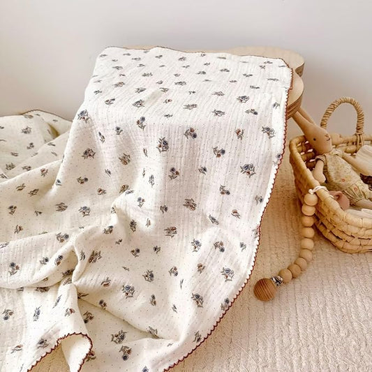BuLuTu Large Muslin Toddler Blanket 47x51 Inch, Cottage Floral Print Baby Crib Blanket, Soft Breathable Lightweight Nursery Blankets, Pansy Flowers & Small Dots Pattern
