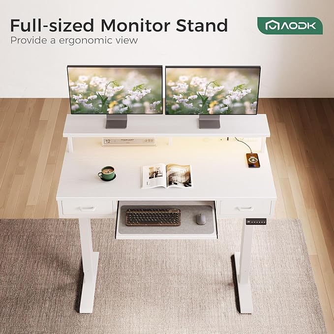 AODK Electric Standing Desk with Drawers & Keyboard Tray, 47 Inch Height Adjustable Small Gaming Desk with Power Outlets & LED Lights, Sit Stand Table with Monitor Stand for Home, Office, White