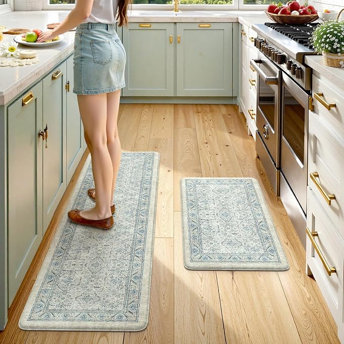 KIMODE Anti Fatigue Kitchen Mat, Boho Distressed Kitchen Rugs Sets of 2,Kitchen Mats for Floor Cushioned Non Slip, Comfort Kitchen Floor Mats for Sink, Laundry, Desk Blue 17"x59"+17"x29"