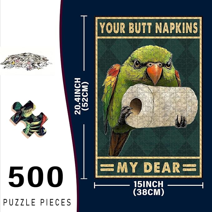 500 Piece Wooden Parrot Jigsaw Puzzle Your Butt Napkins My Dear Adults & Kids Difficult Challenge for Relaxation Focus & Family Entertainment 20.4x15 Inch
