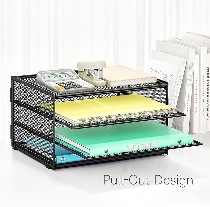 Lavatino 3-Tier Letter Tray Desk Paper Organizer – Black Mesh Metal File Tray Organizer for Desk, Office Supplies & Home Organization | Fits A4/Letter Paper, Mail, Magazines and Office Accessories