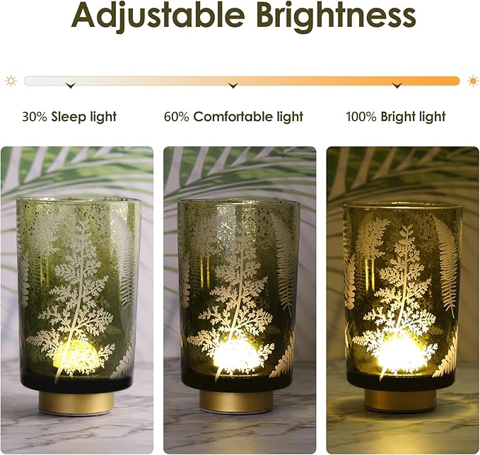 Eywamage Large Battery Operated Glass Table Lamp, Boho Green Ferns Leaves Mood Light with Remote, Cordless Bedside Accent Lamp Room Decor