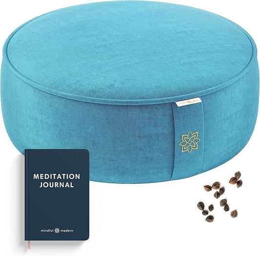 Mindful Modern Velvet Meditation Cushion | Luxe Zafu Yoga Floor Pillow Seat | Posture Support | Buckwheat Hull Filled | Large Round Cushion with Removable Washable Cover + Carry Handle