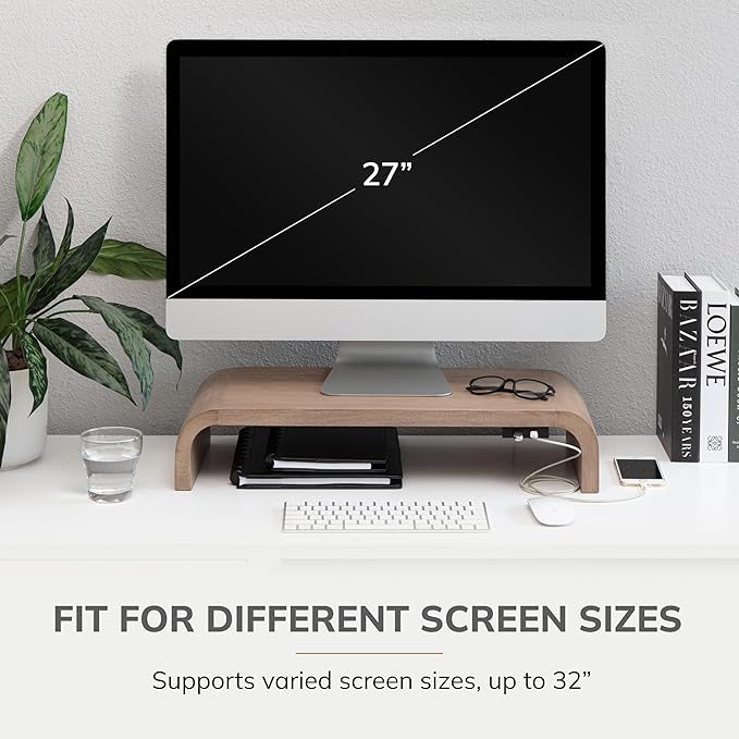 Anji Mountain Wood Monitor Stand Riser Desk Desktop Organizer Table for Home, Office Workspace, Laptop Riser, Ergonomic Design Stand for Gaming Setup, with Power Source, Biscotti